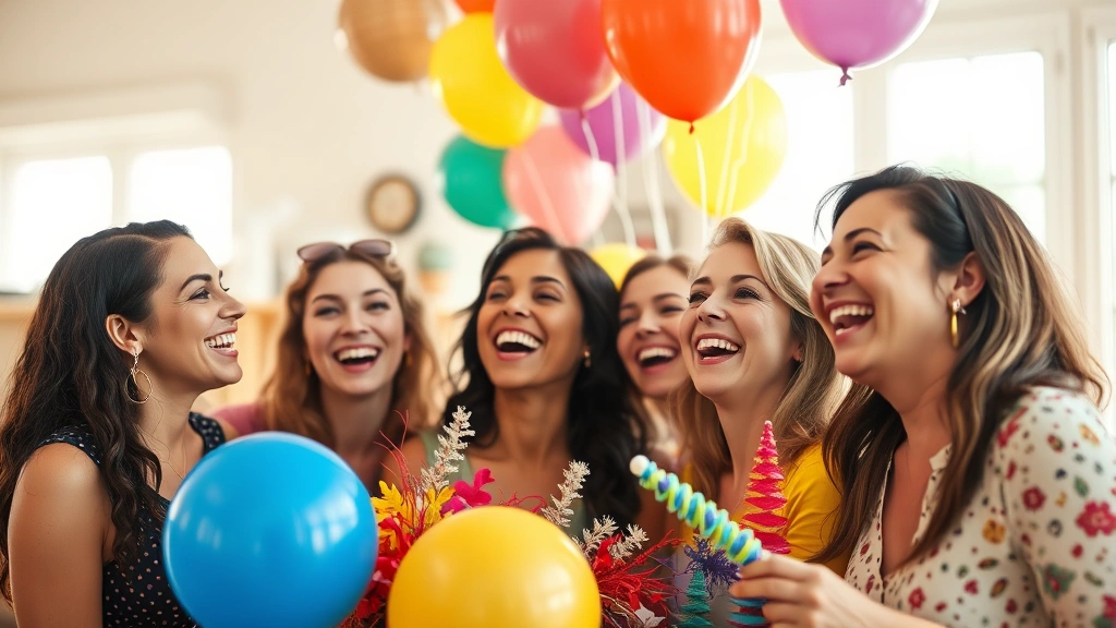 Close-up of diverse group of women laughing together at indoor celebration, holding colorful party decorations and balloons, warm natural lighting, festive atmosphere