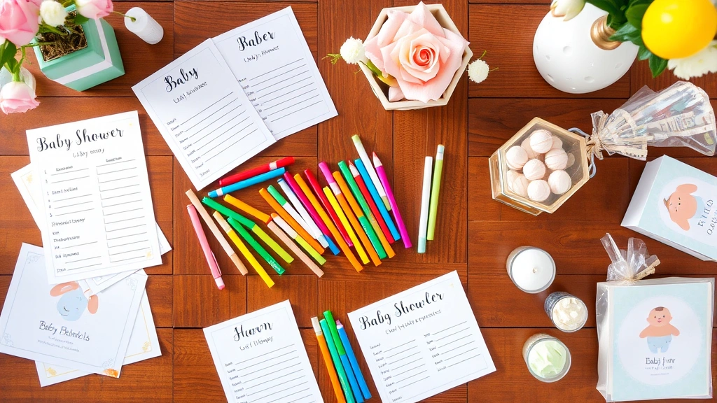 Overhead shot of baby shower game cards, colorful markers, and prizes arranged on wooden table with baby-themed decorations, bright natural daylight