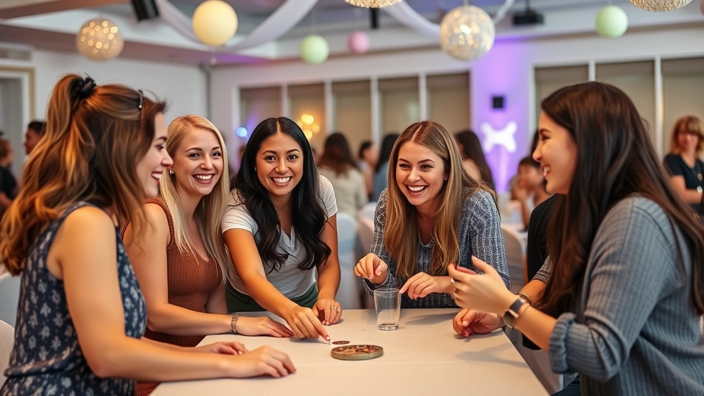 Women playing interactive team game at decorated party venue, genuine smiles and engagement, casual clothing, modern indoor setting with pastel decorations
