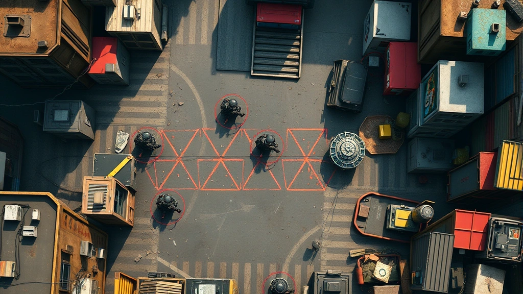 Detailed overhead view of a strategic mission environment showing multiple player positions, cover points, and tactical objectives in a vibrant urban setting, photorealistic rendering, no menus or text overlays