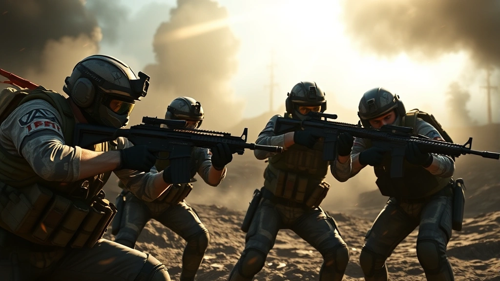 Intense cooperative multiplayer moment showing squad members executing coordinated actions during a dynamic mission, dramatic lighting and action poses, photorealistic game scene, no HUD elements