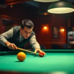 Professional pool player executing precise break shot on championship felt table, dramatic lighting highlighting ball impact, realistic pool hall atmosphere with warm wood tones
