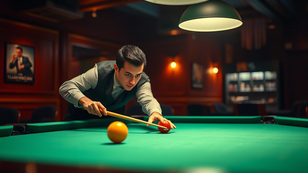 Professional pool player executing precise break shot on championship felt table, dramatic lighting highlighting ball impact, realistic pool hall atmosphere with warm wood tones