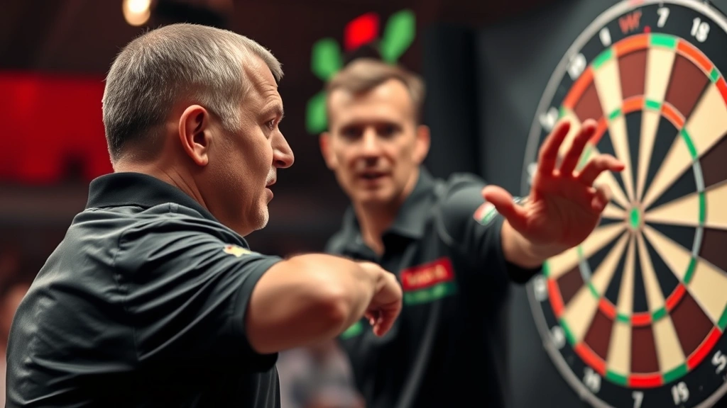 Competitive darts player mid-throw at professional regulation board, intense focus expression, dartboard in sharp detail, professional tournament venue setting with crowd blur