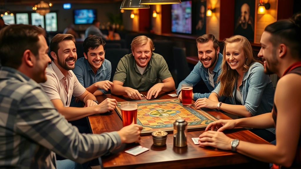 Group of friends laughing together playing board games at casual bar table, drinks and snacks visible, warm ambient lighting, genuine social interaction and enjoyment