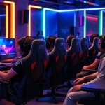 Diverse group of gamers sitting at high-performance gaming stations with RGB lighting, multiple monitors, and professional gaming chairs in a modern esports lounge environment with neon accents