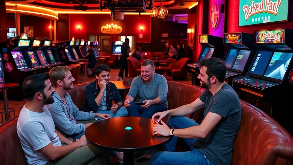 Friends playing competitive video games together at arcade-style gaming bar with classic and modern gaming cabinets, comfortable seating areas, and ambient bar lighting in background