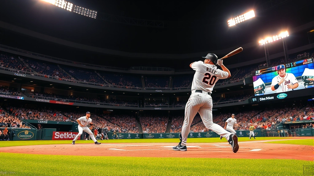 Dynamic baseball match in progress with players mid-swing, vibrant stadium lights, energetic crowd atmosphere, photorealistic sports action scene