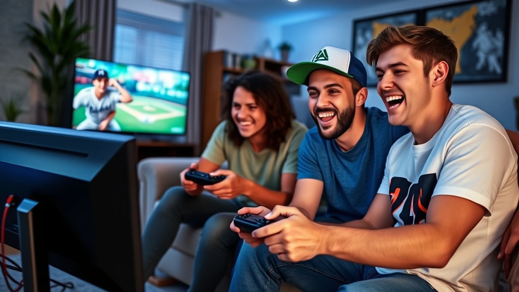 Group of friends playing baseball video game together on console, competitive gaming moment, living room setting, joyful expressions, controller focus