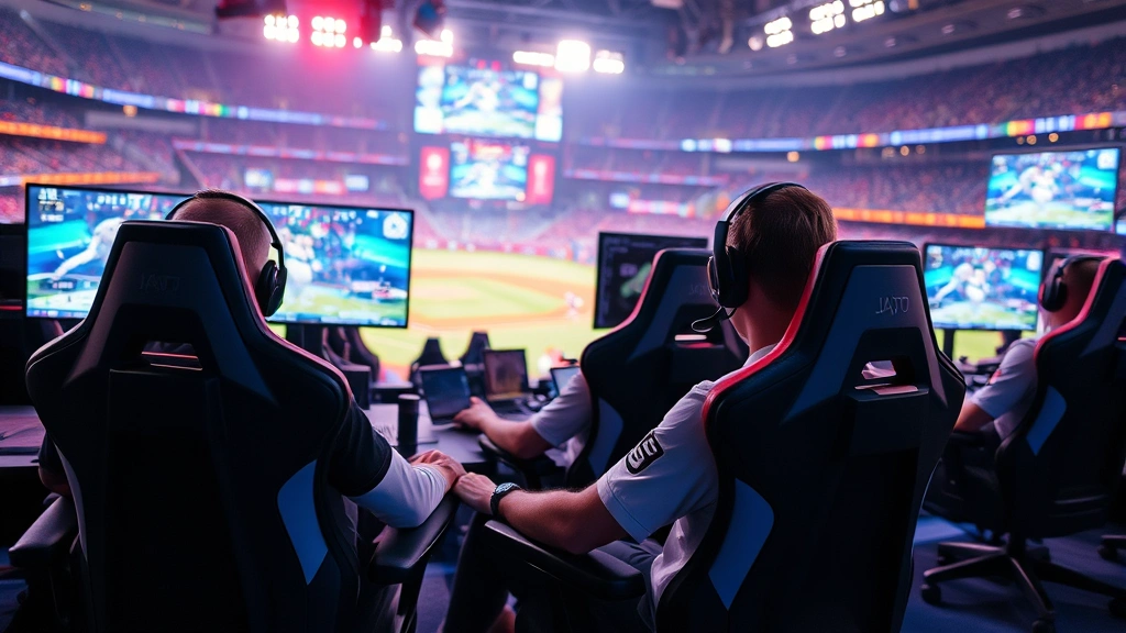 Professional esports players competing in baseball game tournament, gaming chairs, multiple monitors, intense competitive atmosphere, stadium lighting