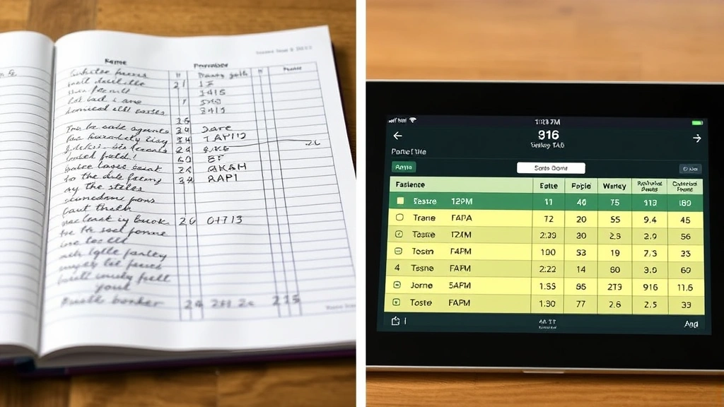 Split-screen comparison showing traditional paper scorebook on left with handwritten entries and digital scorekeeping app on tablet on right, both displaying same game data