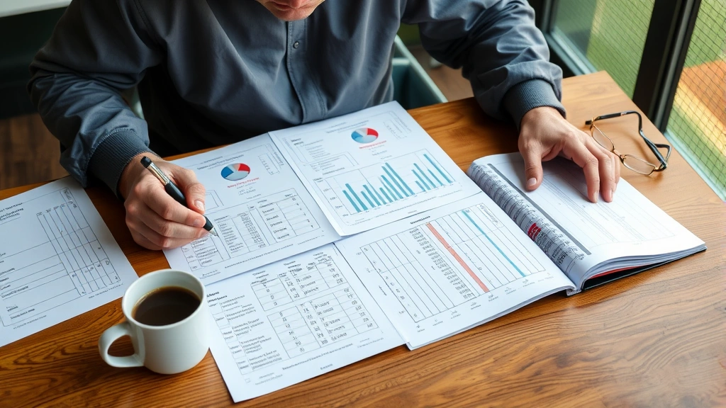 Experienced baseball coach reviewing comprehensive scorebooks spread across wooden table with coffee cup and glasses, analyzing game statistics and player performance data