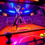 Vibrant arcade cabinet with glowing neon basketball court display, colorful joystick controls, dynamic action gameplay scene with player silhouettes performing dunks