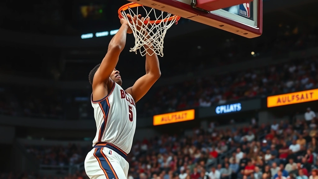 Professional basketball player performing an explosive dunk during an intense game, dynamic crowd in blurred stadium background, sweat and motion blur, professional lighting
