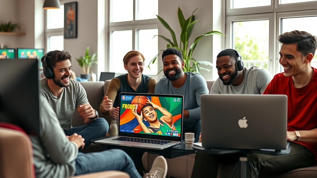 Diverse group of gamers sitting together in casual setting, laughing while playing basketball games on computers and laptops, natural lighting through windows, relaxed atmosphere