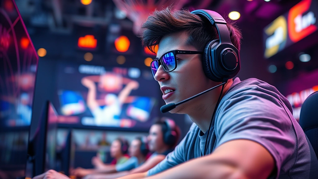 Professional esports player competing in intense basketball video game tournament, focused expression, gaming headset, dynamic action pose, neon lighting, modern gaming arena environment