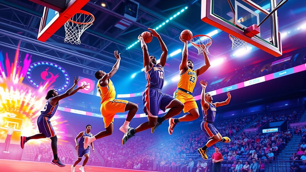 Multiple basketball players performing spectacular dunks and aerial tricks in vibrant arcade-style game environment, explosive visual effects, energetic motion blur, colorful stadium background