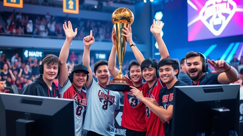 Diverse group of competitive gamers celebrating victory during basketball esports championship event, trophy presentation, crowd in background, professional gaming setup with multiple monitors