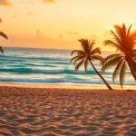 Vibrant tropical beach landscape at sunset with golden sand, turquoise waves, and palm trees swaying in the breeze, photorealistic lighting, cinematic perspective