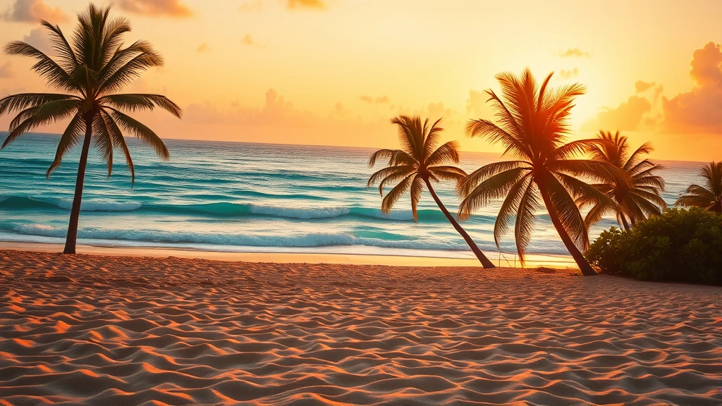 Vibrant tropical beach landscape at sunset with golden sand, turquoise waves, and palm trees swaying in the breeze, photorealistic lighting, cinematic perspective