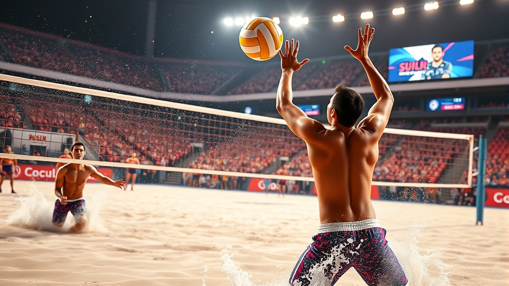 Professional esports players competing in intense beach volleyball game with dynamic water effects and stadium lighting, action-packed moment captured mid-spike, photorealistic