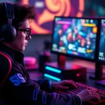 Professional esports gamer in gaming chair with RGB lighting, intense focus on dual monitors displaying competitive gameplay, modern gaming setup with mechanical keyboard and gaming mouse visible, photorealistic lighting