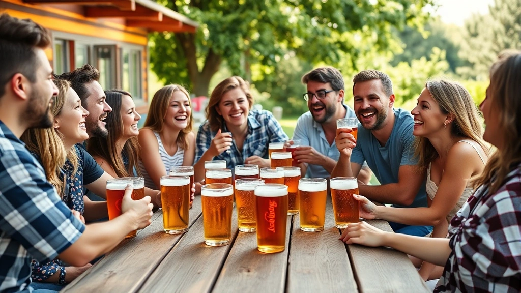 Diverse group of friends laughing and celebrating at outdoor party with beer cups on wooden picnic table, vibrant summer setting, genuine joy and camaraderie captured, natural lighting