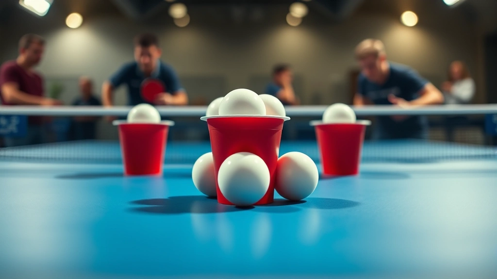 Close-up of ping pong balls arranged in triangle formation on red cups during competitive game, players in background blurred, intense focus visible, action-shot style photography
