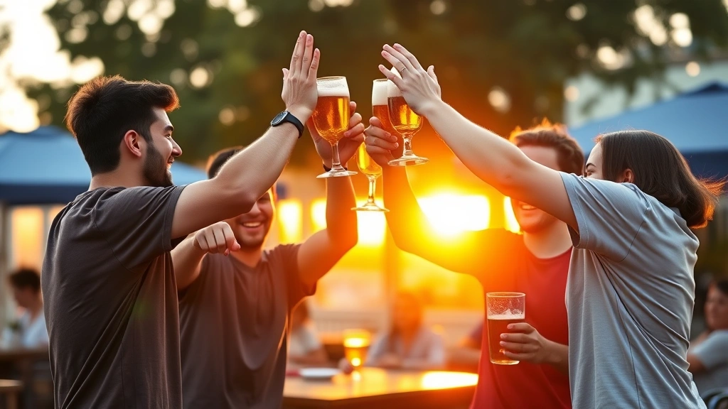 Team of four friends high-fiving in celebration after winning tournament, holding trophy cups, outdoor beer garden setting, golden hour lighting, genuine excitement and victory emotion