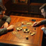 Two players sitting at a wooden table intensely focused on a complex strategy board game with hexagonal tiles and wooden pieces, warm lighting, photorealistic, gaming atmosphere