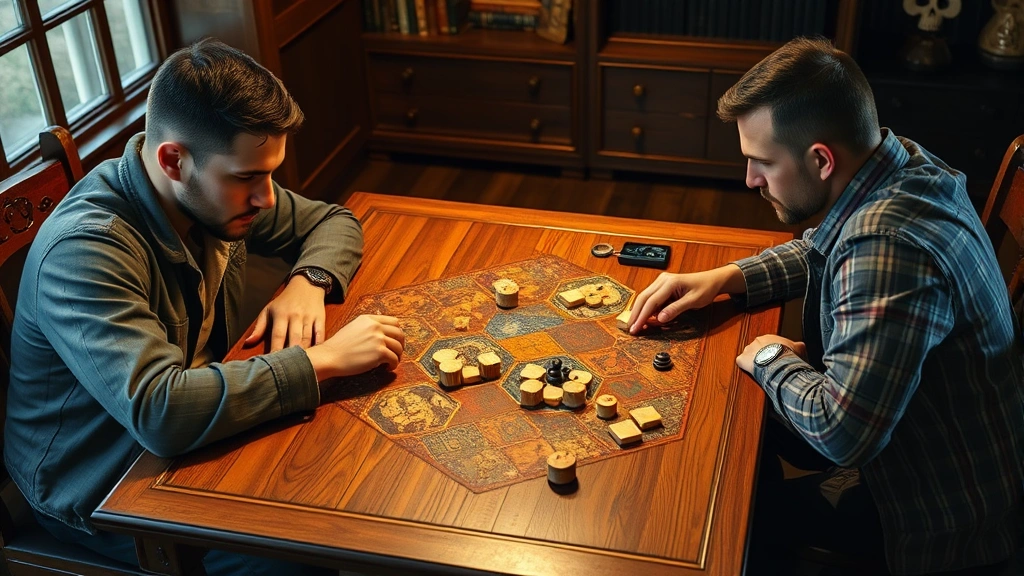 Two players sitting at a wooden table intensely focused on a complex strategy board game with hexagonal tiles and wooden pieces, warm lighting, photorealistic, gaming atmosphere