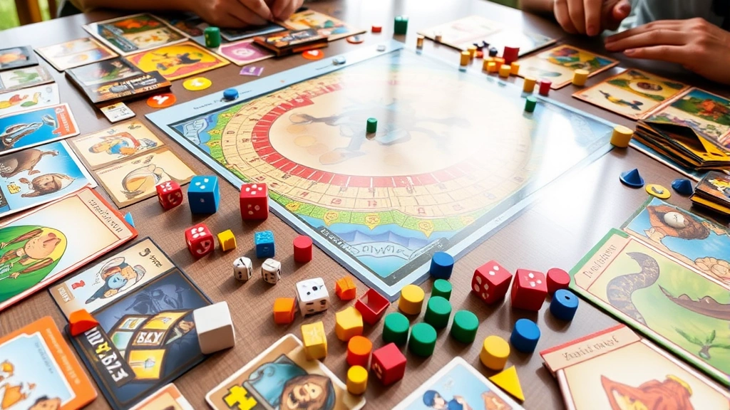 Colorful board game components spread across a table including cards, dice, wooden tokens, and a game board mid-play, vibrant natural lighting, detailed game pieces visible