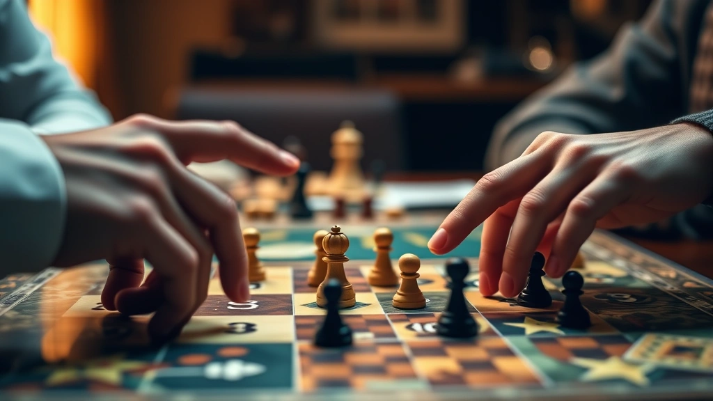 Close-up of two hands reaching toward game pieces on a beautiful board game setup, strategic moment captured, warm ambient lighting, competitive gaming tension