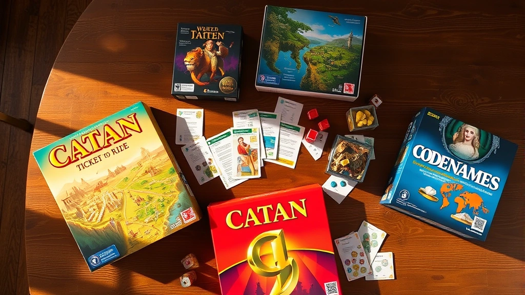 Overhead shot of a wooden table with multiple board games spread out including Catan, Ticket to Ride, and Codenames boxes with vibrant game components visible, warm natural lighting, photorealistic