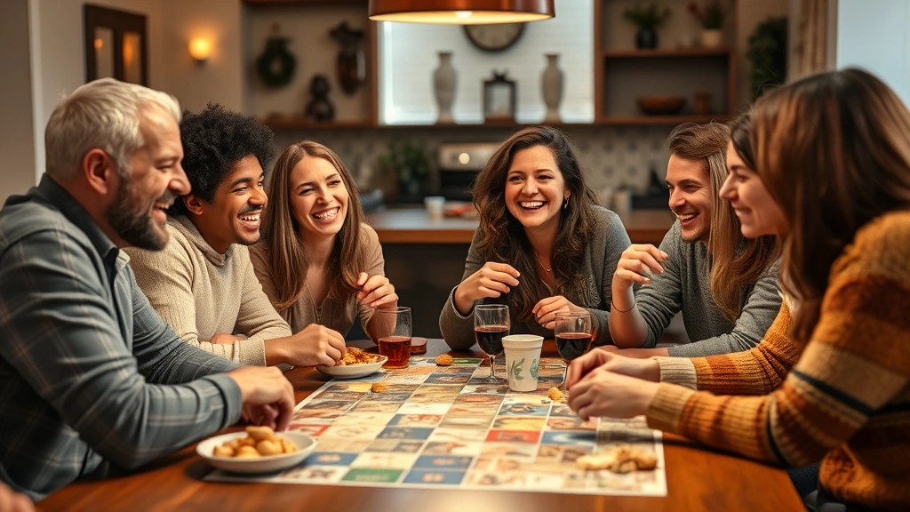 Group of diverse friends laughing and playing board games together around a dining table with snacks and drinks, joyful expressions, warm ambient lighting, candid moment capturing the social joy of tabletop gaming