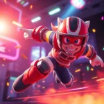 Vibrant arcade-style video game character mid-action with dynamic lighting and colorful particle effects, professional gaming screenshot aesthetic, high energy composition