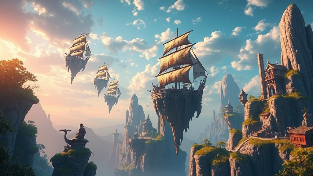 Detailed fantasy RPG environment with floating islands and sky ships, lush landscapes with magical atmosphere, no UI elements visible, cinematic fantasy gaming scene
