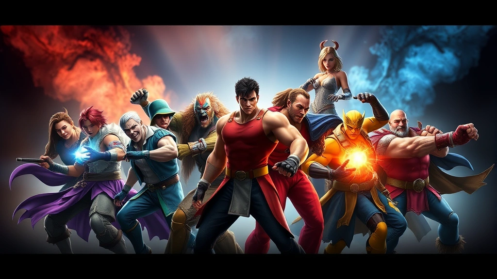 Group of diverse video game characters in fighting game stance, dramatic lighting with glowing effects, action-packed composition showing multiple game heroes together