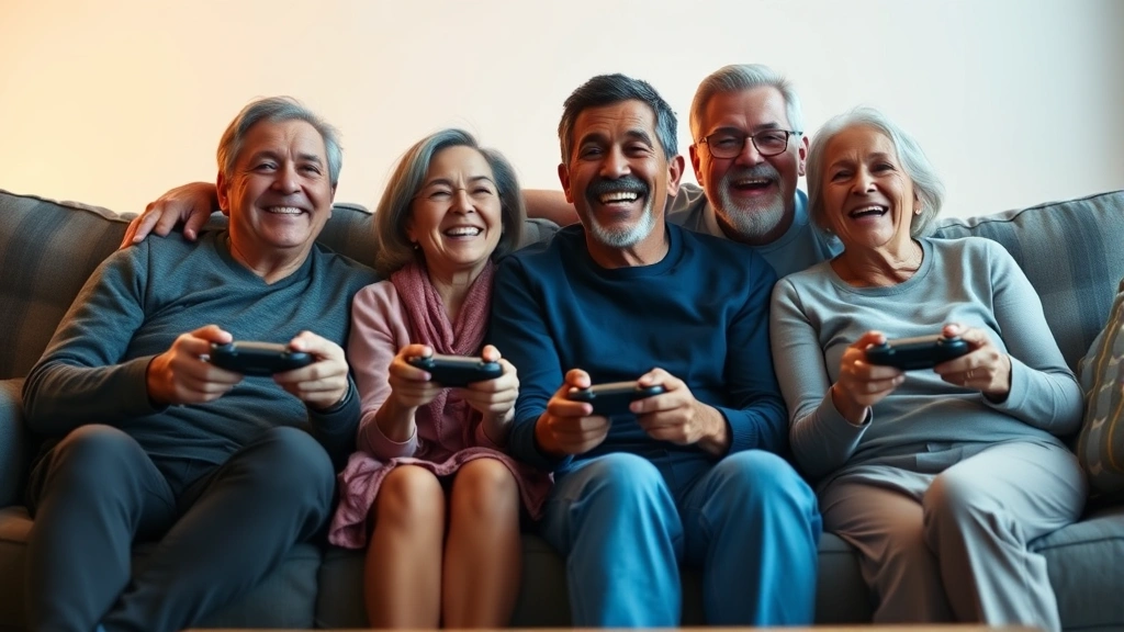 A multigenerational family sitting on a couch playing video games together, holding controllers with joyful expressions, warm living room lighting, diverse family members smiling and engaged, photorealistic