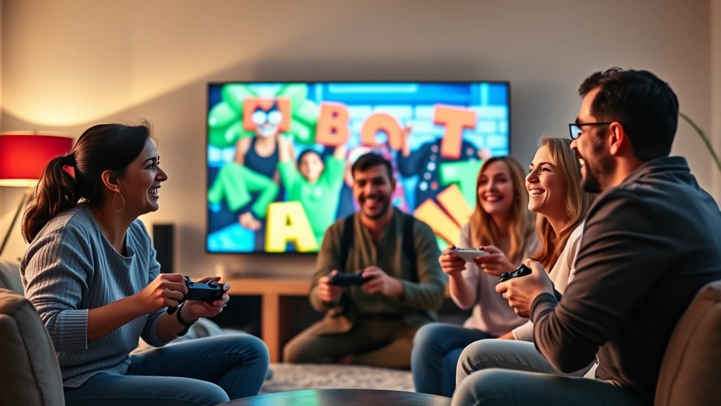 A group of friends and family members laughing while playing party games on a large TV screen, holding controllers in a casual living room setting, celebrating and enjoying the moment, warm atmosphere, photorealistic