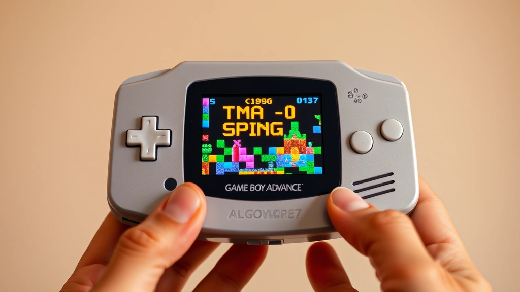 Close-up shot of Game Boy Advance console in pristine condition with vibrant display showing colorful game graphics, held in hands against neutral background, warm lighting emphasizing screen clarity and device condition