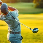 Professional golfer mid-swing with modern game improvement irons, lush green fairway background, golden hour lighting, photorealistic detail on club face and grass