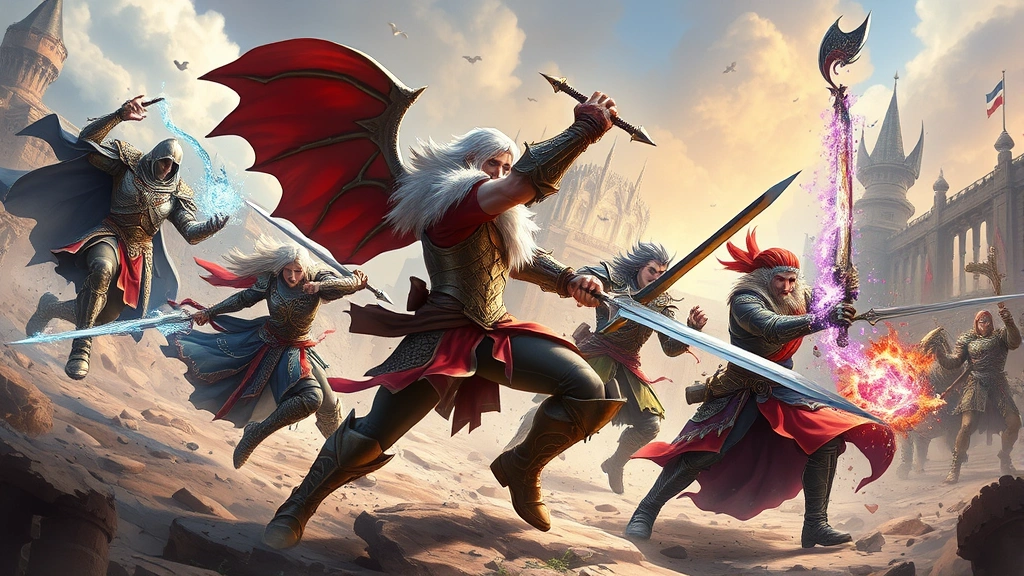 Action-packed battle scene between fantasy characters in vibrant medieval fantasy setting, dynamic combat poses, magical effects, detailed character armor and weapons, photorealistic style