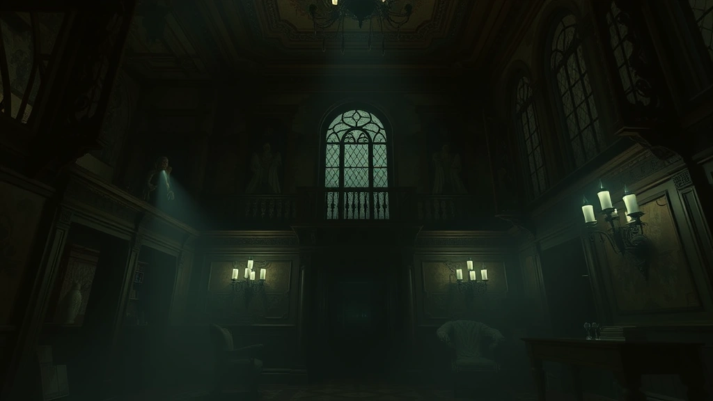 Atmospheric haunted mansion interior with gothic architecture, dim lighting creating shadows, ornate decorative elements, mysterious ambiance, no game interface or HUD visible