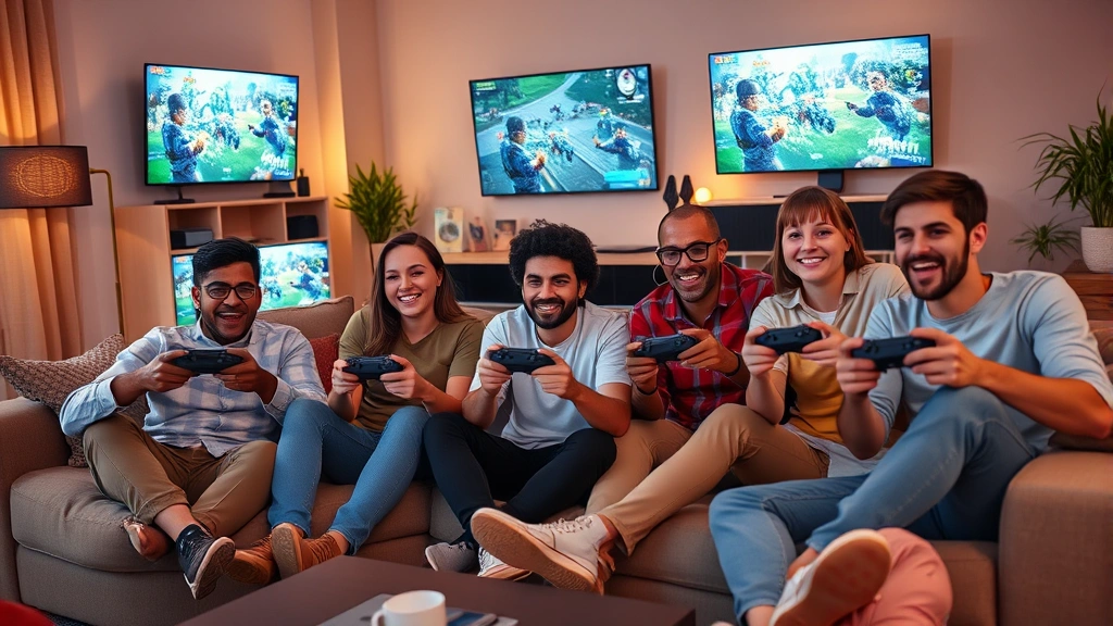Diverse group of gamers sitting together on comfortable couch holding controllers, warm living room lighting, multiple screens showing different game worlds, excited expressions, casual gaming atmosphere