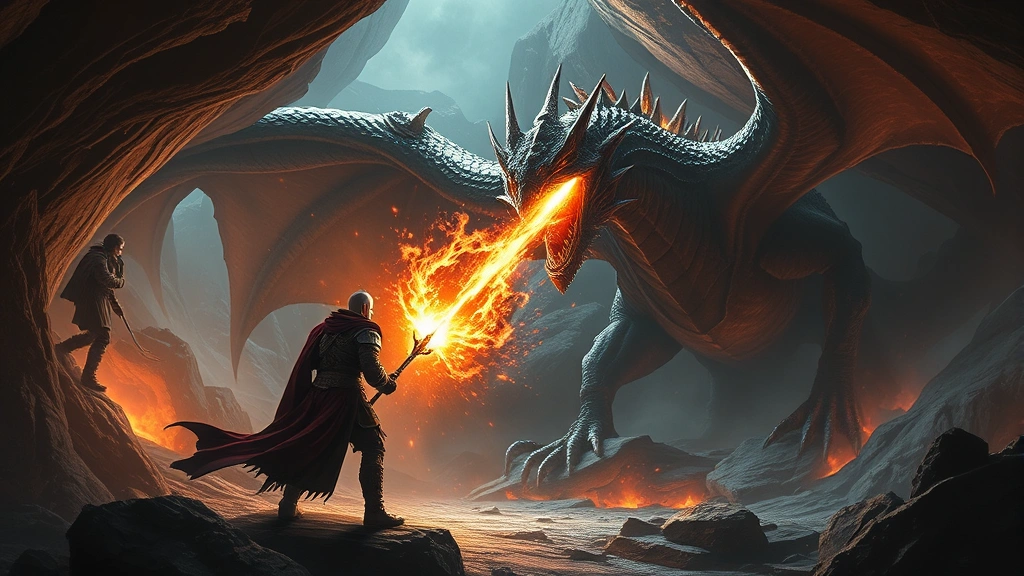 Epic fantasy RPG battle scene with warrior facing massive dragon, magical spells lighting dark cavern, dynamic action poses, cinematic lighting and atmospheric effects, photorealistic fantasy environment