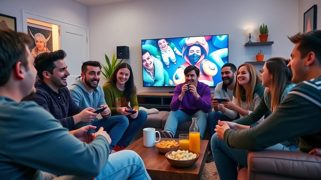 Group of diverse friends laughing together in a living room while playing video games on a large TV screen, casual cozy gaming atmosphere with snacks and drinks