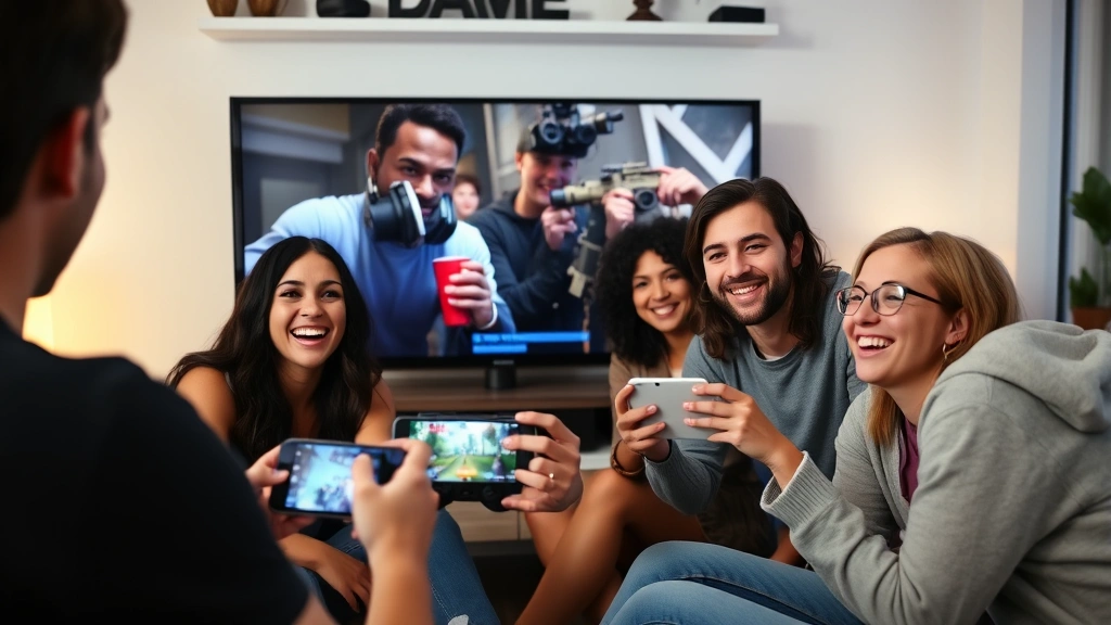 Friends gathered around a TV screen with one person holding a game controller while others use phones, showing genuine joy and competitive engagement during party game session