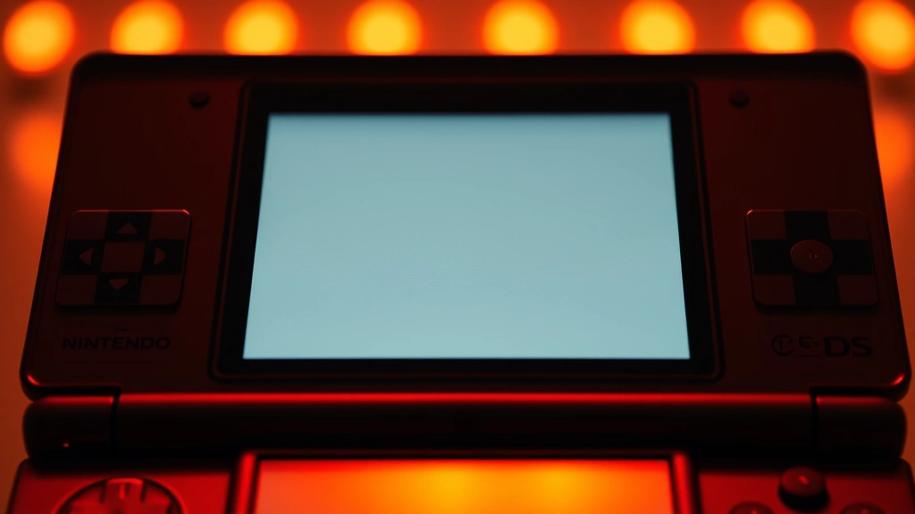 Close-up of Nintendo DS console with dual screens glowing, stylus resting on lower screen, warm lighting, retro gaming aesthetic