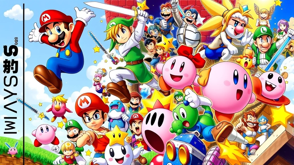 Colorful collage of iconic NDS game characters in action poses - Mario jumping, Link sword fighting, Kirby flying, vibrant colors
